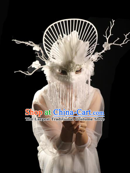Handmade Halloween Cosplay Full Face Mask Costume Party Blinder Gothic White Feather Headpiece Brazil Carnival Tassel Mask