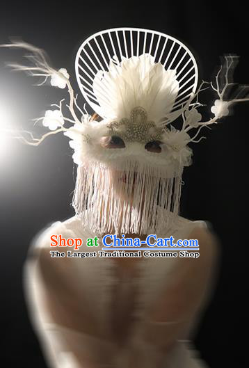 Handmade Halloween Cosplay Full Face Mask Costume Party Blinder Gothic White Feather Headpiece Brazil Carnival Tassel Mask