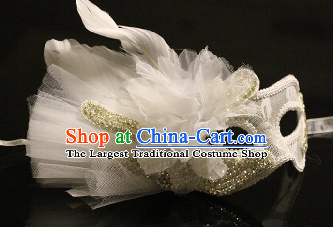 Handmade Costume Party Gothic Princess Headpiece Brazil Carnival White Lace Mask Halloween Cosplay Feather Face Mask