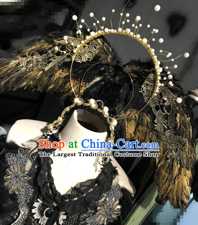 Top Cosplay Queen Hair Accessories Halloween Catwalks Black Feather Royal Crown Carnival Parade Giant Wings Headdress Baroque Pearls Hair Clasp