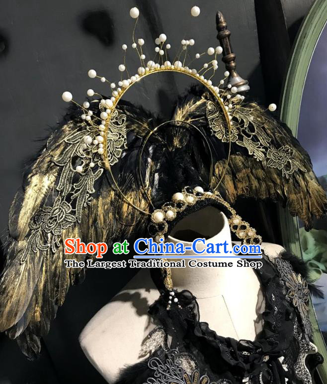 Top Cosplay Queen Hair Accessories Halloween Catwalks Black Feather Royal Crown Carnival Parade Giant Wings Headdress Baroque Pearls Hair Clasp