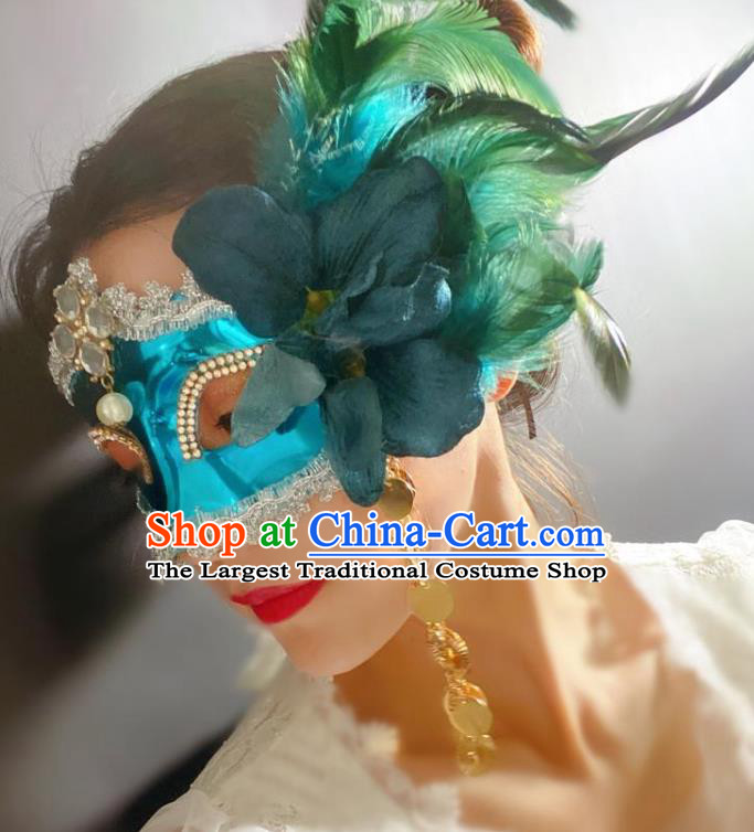 Handmade Halloween Cosplay Princess Feather Face Mask Costume Party Baroque Crystal Headpiece Brazil Carnival Blue Mask