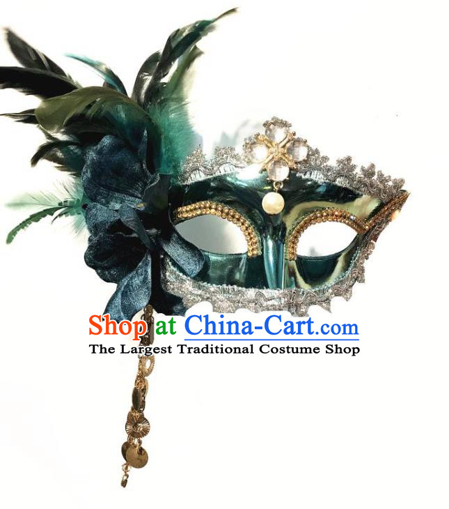Handmade Halloween Cosplay Princess Feather Face Mask Costume Party Baroque Crystal Headpiece Brazil Carnival Blue Mask