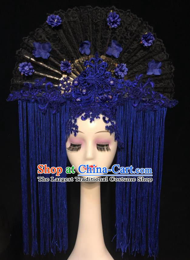 China Court Blue Tassel Hair Clasp Qipao Catwalks Deluxe Headdress Handmade Bride Fashion Headwear Stage Show Black Lace Fan Hair Crown
