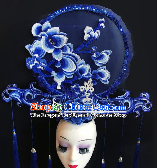 China Stage Show Embroidered Mangnolia Hair Crown Court Blue Tassel Hair Clasp Qipao Catwalks Deluxe Headdress Handmade Bride Fashion Headwear