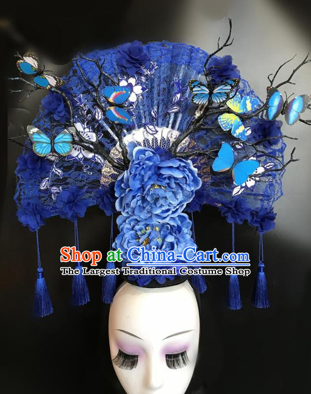 China Qipao Catwalks Fashion Headdress Handmade Bride Deluxe Headwear Stage Show Blue Peony Hair Crown Court Lace Fan Hair Clasp