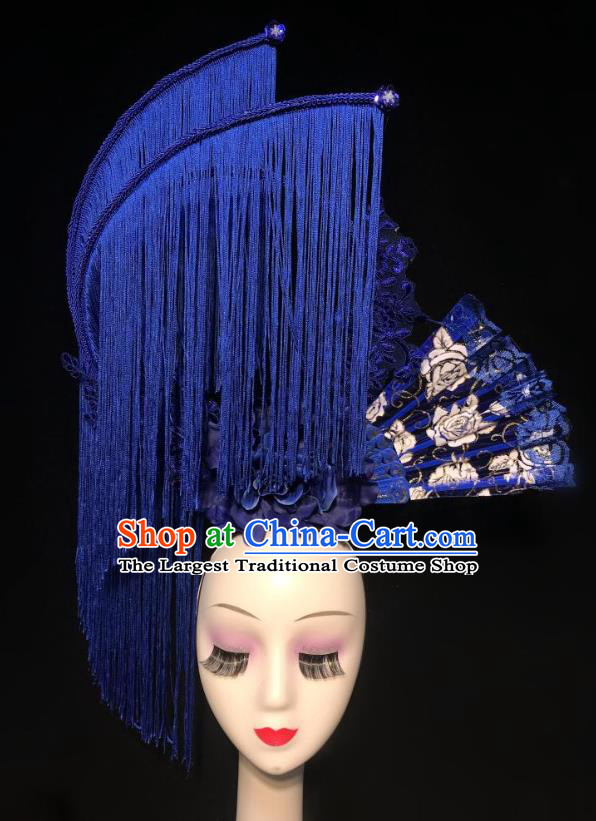 China Court Fan Hair Clasp Qipao Catwalks Fashion Headdress Handmade Bride Deluxe Tassel Headwear Stage Show Blue Hair Crown