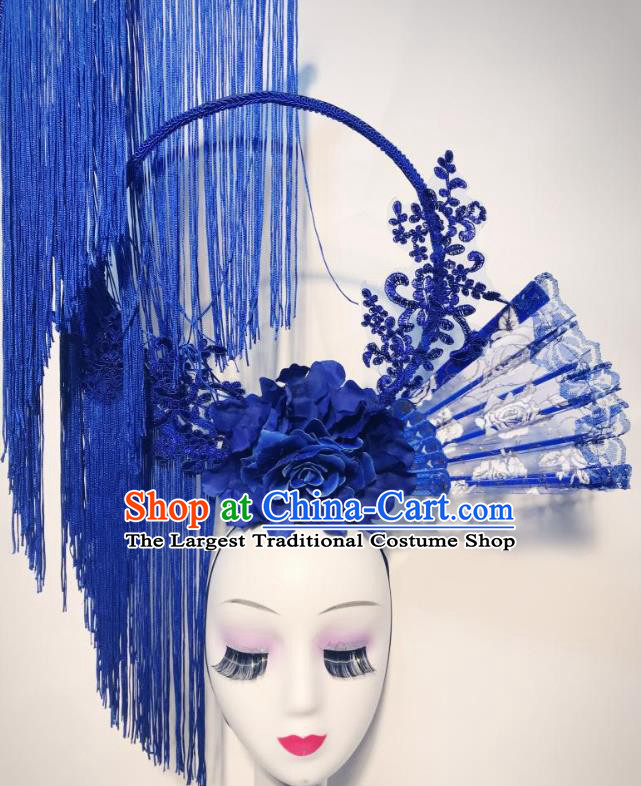 China Stage Show Blue Peony Hair Crown Court Fan Hair Clasp Qipao Catwalks Fashion Headdress Handmade Bride Deluxe Tassel Headwear