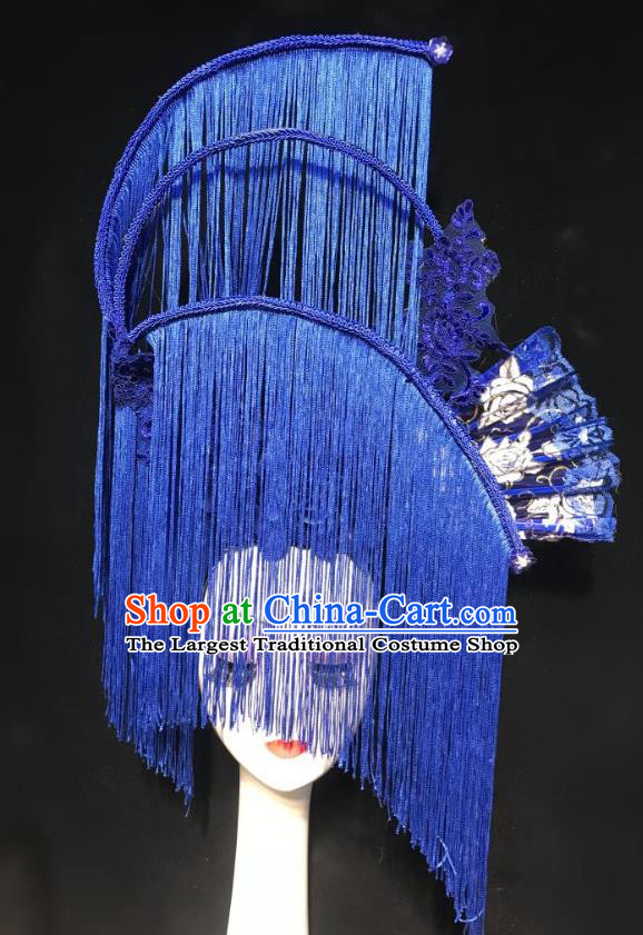 China Handmade Bride Deluxe Tassel Headwear Stage Show Hair Crown Court Blue Fan Hair Clasp Qipao Catwalks Fashion Headdress