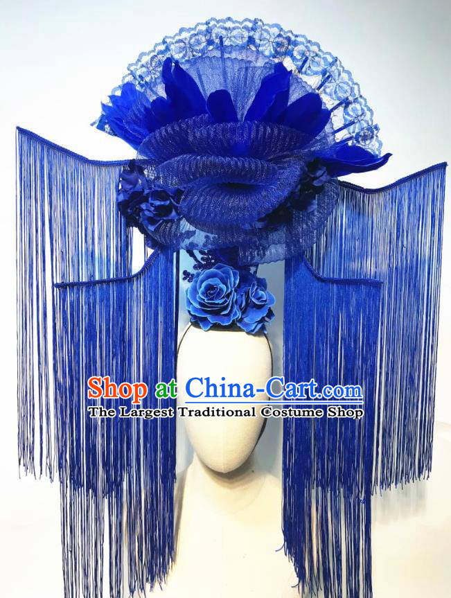 China Qipao Catwalks Fashion Headdress Handmade Bride Deluxe Tassel Headwear Stage Show Hair Crown Court Blue Feather Fan Hair Clasp