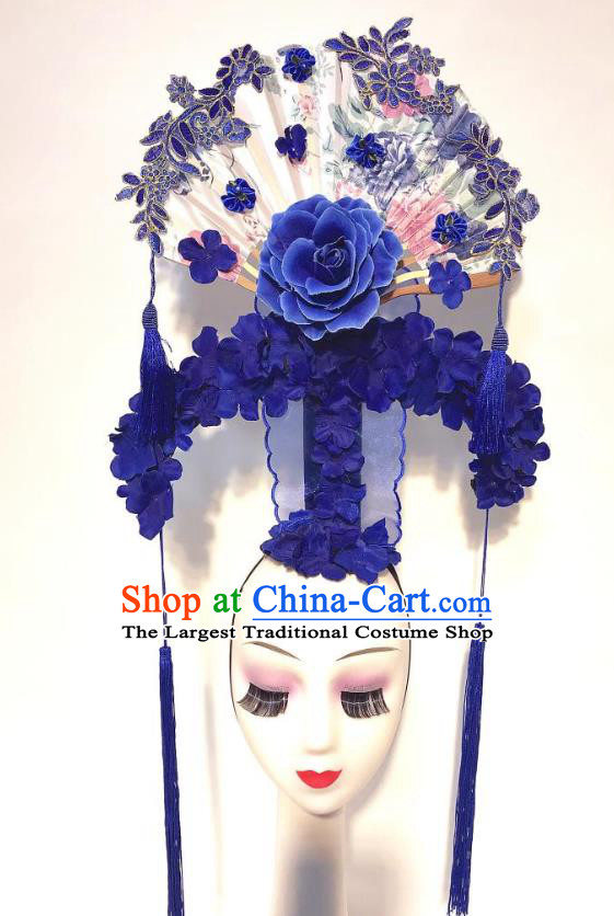 China Handmade Bride Blue Flowers Fashion Headwear Stage Show Hair Crown Court Fan Hair Clasp Qipao Catwalks Tassel Headdress