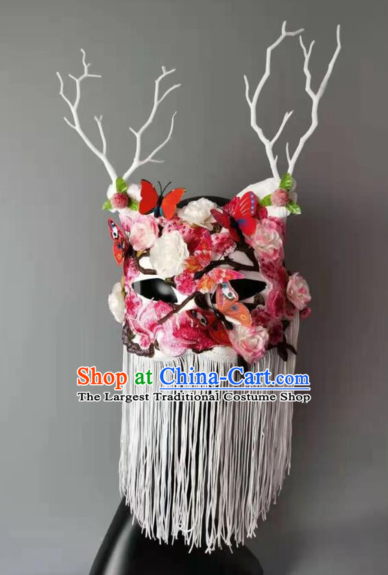 Handmade Brazil Carnival Pink Flowers Mask Halloween Cosplay Princess White Tassel Face Mask Costume Party Baroque Cat Headpiece
