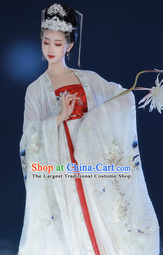China Ancient Imperial Concubine Historical Clothing Tang Dynasty Court Female Embroidered White Hanfu Dress Garments