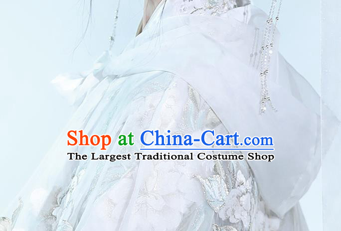 China Ancient Goddess Embroidered White Hanfu Cape Garment Jin Dynasty Court Beauty Cloak Historical Clothing