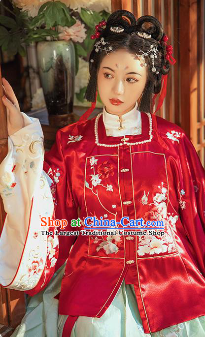 China Ming Dynasty Court Lady Historical Clothing Ancient Royal Princess Embroidered Red Hanfu Dress Garments