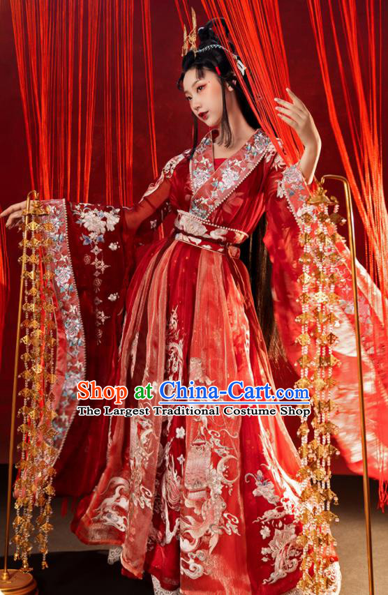 China Ancient Palace Beauty Embroidered Red Hanfu Dress Clothing Traditional Jin Dynasty Princess Historical Garment Costumes