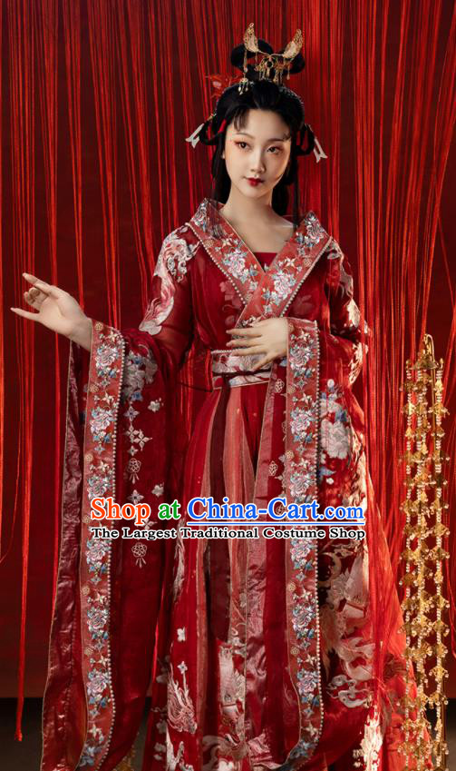 China Ancient Palace Beauty Embroidered Red Hanfu Dress Clothing Traditional Jin Dynasty Princess Historical Garment Costumes