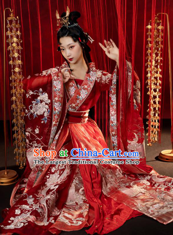 China Ancient Palace Beauty Embroidered Red Hanfu Dress Clothing Traditional Jin Dynasty Princess Historical Garment Costumes