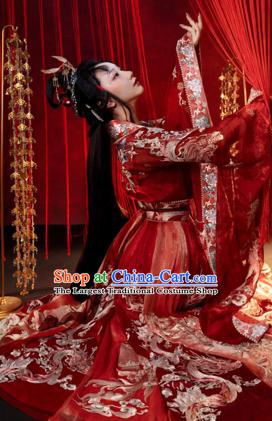 China Ancient Palace Beauty Embroidered Red Hanfu Dress Clothing Traditional Jin Dynasty Princess Historical Garment Costumes