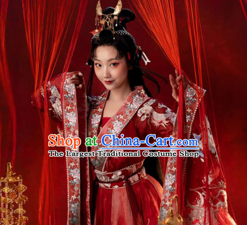 China Ancient Palace Beauty Embroidered Red Hanfu Dress Clothing Traditional Jin Dynasty Princess Historical Garment Costumes