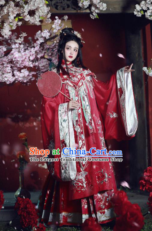 China Ancient Court Bride Embroidered Red Hanfu Dress Garments Traditional Ming Dynasty Princess Wedding Historical Clothing Complete Set