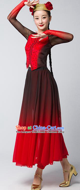 China Uygur Nationality Folk Dance Clothing Xinjiang Ethnic Stage Performance Garments Uyghur Dance Red Dress