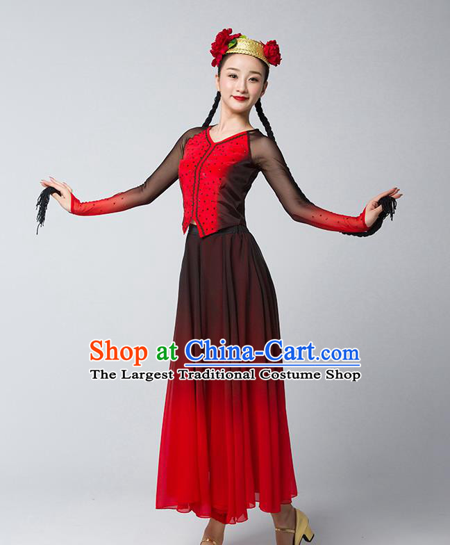 China Uygur Nationality Folk Dance Clothing Xinjiang Ethnic Stage Performance Garments Uyghur Dance Red Dress