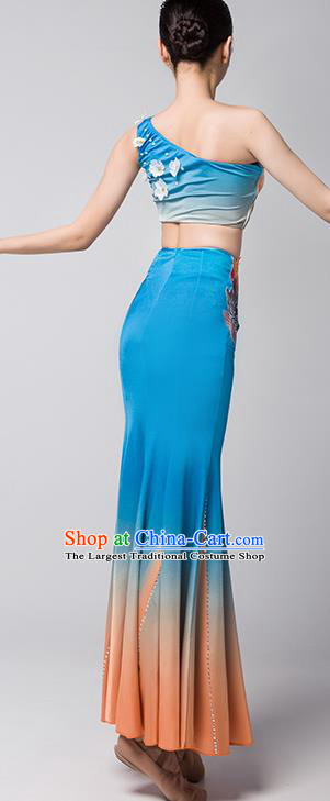 China Yunnan Ethnic Stage Performance Garments Peacock Dance Blue Dress Dai Nationality Folk Dance Clothing