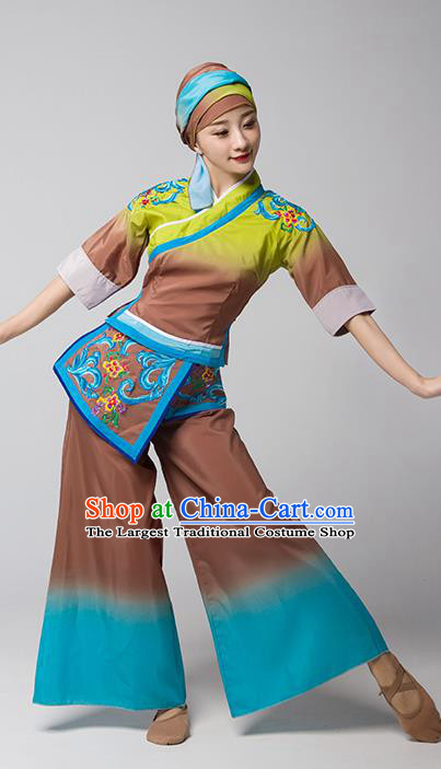 China Jiaozhou Yangko Group Dance Brown Uniforms Fan Dance Performance Garment Costume Folk Dance Clothing