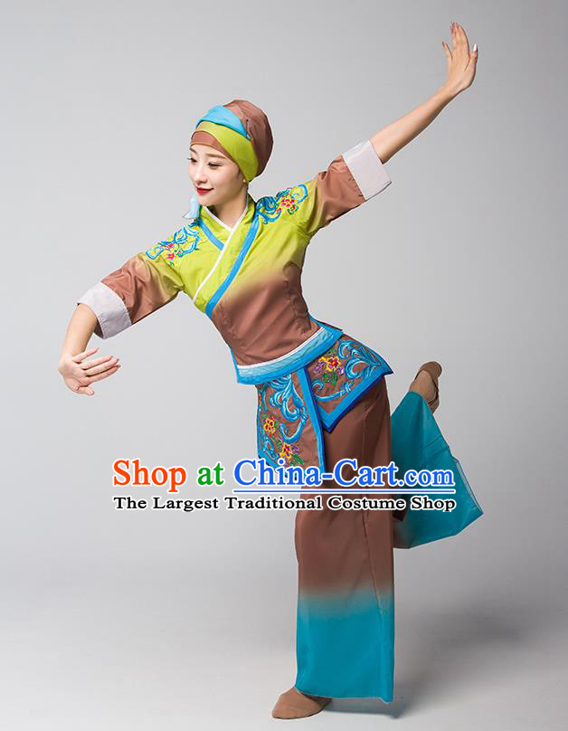 China Jiaozhou Yangko Group Dance Brown Uniforms Fan Dance Performance Garment Costume Folk Dance Clothing