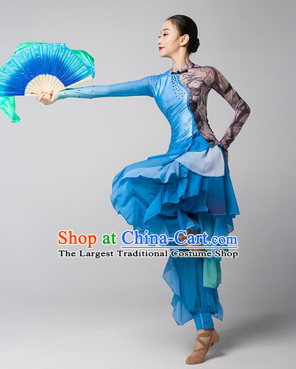 China Fan Dance Group Dance Garment Costume Folk Dance Clothing Jiaozhou Yangko Performance Blue Uniforms