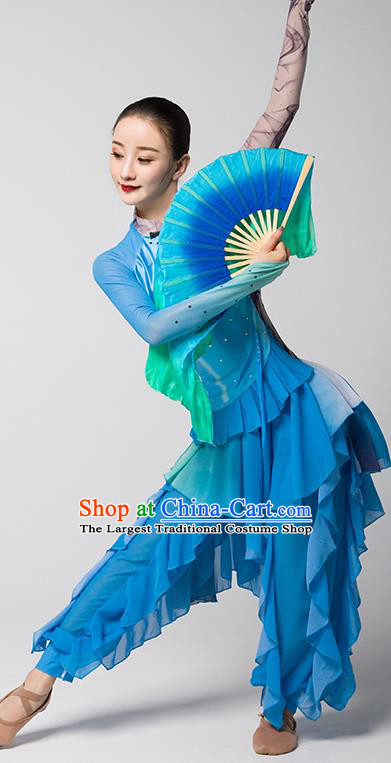 China Fan Dance Group Dance Garment Costume Folk Dance Clothing Jiaozhou Yangko Performance Blue Uniforms