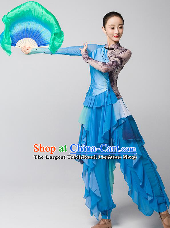 China Fan Dance Group Dance Garment Costume Folk Dance Clothing Jiaozhou Yangko Performance Blue Uniforms
