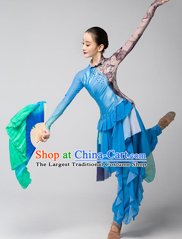 China Fan Dance Group Dance Garment Costume Folk Dance Clothing Jiaozhou Yangko Performance Blue Uniforms