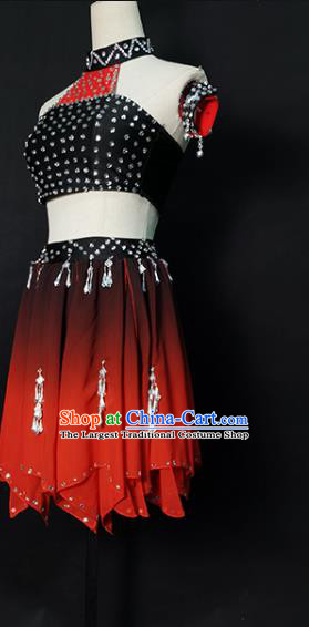 China Xiangxi Ethnic Stage Performance Garments Folk Dance Red Dress Wa Nationality Dance Clothing