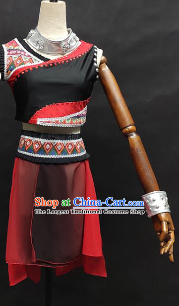 China Wa Nationality Dance Clothing Xiangxi Ethnic Stage Performance Garments Minority Folk Dance Red Dress