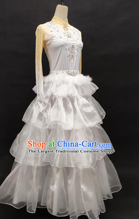 China Xinjiang Ethnic Stage Performance Garments Minority Folk Dance White Dress Kazakh Nationality Swan Dance Clothing