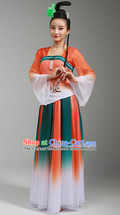 Top Chinese Classical Dance Orange Dress Woman Group Dance Garment Costume Traditional Umbrella Dance Performance Clothing