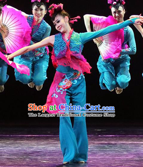 China Female Folk Dance Clothing Jiaozhou Yangko Performance Blue Uniforms Fan Dance Group Dance Garment Costume