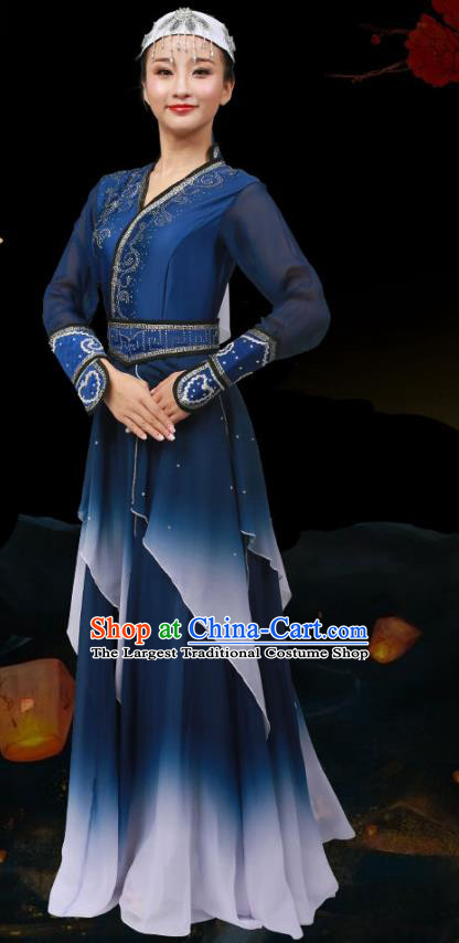 China Mongolian Ethnic Stage Performance Garments Minority Folk Dance Navy Dress Mongol Nationality Dance Clothing