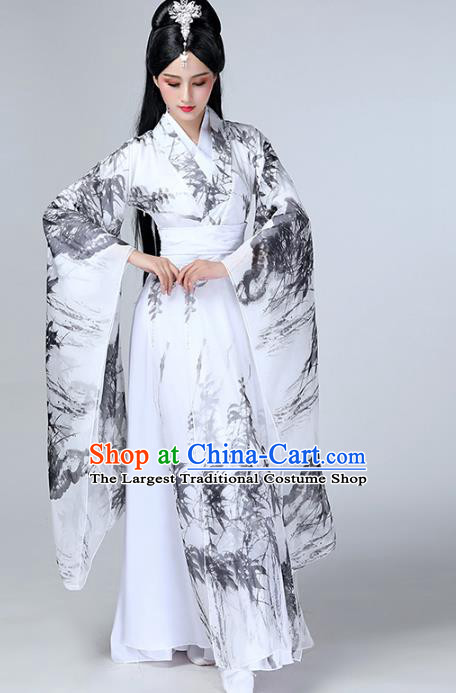 Top Chinese Woman Umbrella Dance Garment Costume Traditional Stage Performance Clothing Classical Dance Ink Painting Bamboo White Dress