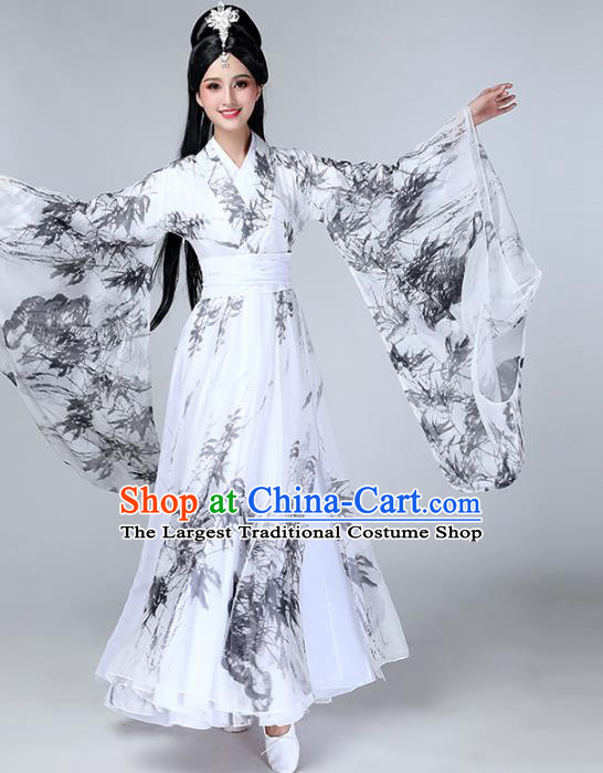 Top Chinese Woman Umbrella Dance Garment Costume Traditional Stage Performance Clothing Classical Dance Ink Painting Bamboo White Dress
