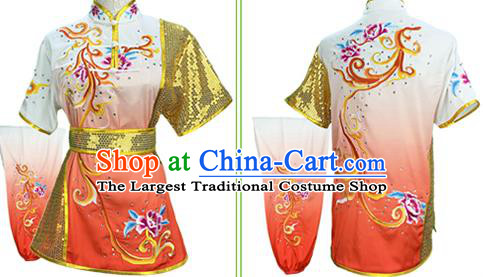 Chinese Martial Arts Embroidered Peony Gradient Orange Outfits Wushu Competition Clothing Kung Fu Garment Costumes