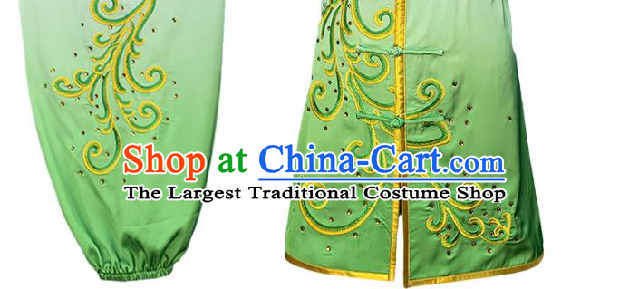 Chinese Martial Arts Embroidered Peony Gradient Green Outfits Wushu Kungfu Competition Clothing Kung Fu Garment Costumes