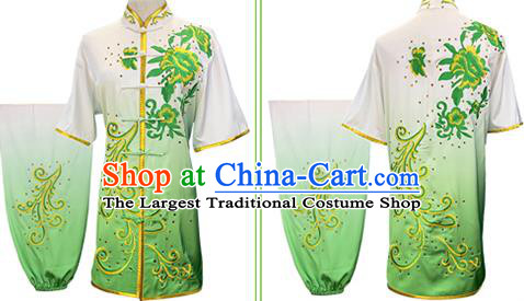 Chinese Martial Arts Embroidered Peony Gradient Green Outfits Wushu Kungfu Competition Clothing Kung Fu Garment Costumes
