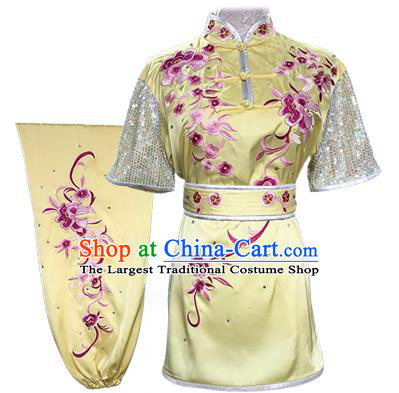 Chinese Kung Fu Garment Costumes Martial Arts Embroidered Peony Yellow Outfits Wushu Kungfu Competition Clothing