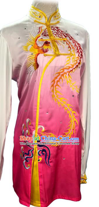 Chinese Kungfu Competition Long Sleeve Clothing Kung Fu Training Garment Costumes Martial Arts Wushu Embroidered Phoenix Rosy Outfits