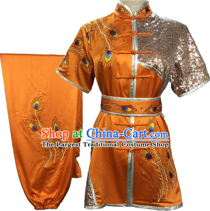Chinese Chang Boxing Training Garment Costumes Martial Arts Wushu Embroidered Phoenix Orange Outfits Kungfu Competition Clothing