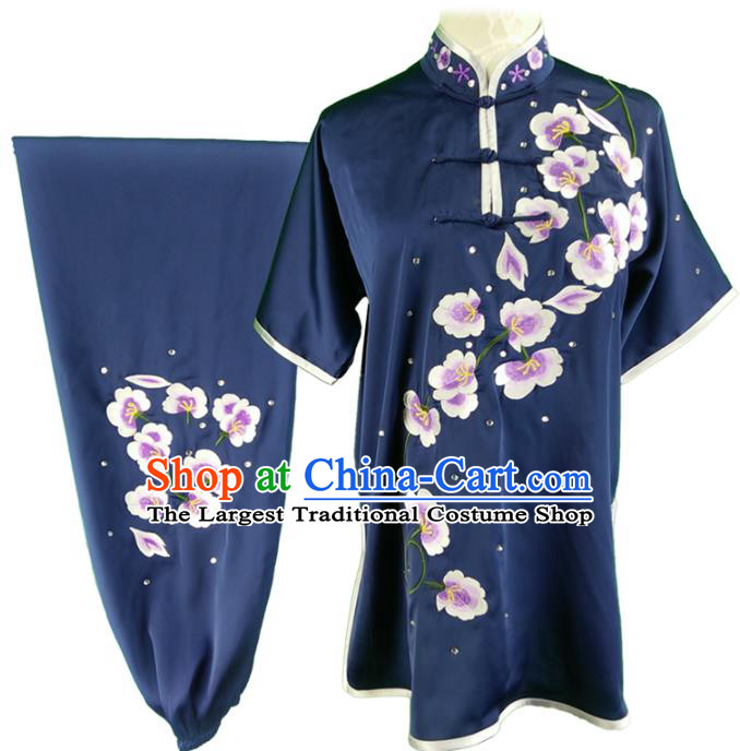 Chinese Chang Boxing Competition Garment Costumes Martial Arts Wushu Embroidered Plum Navy Silk Outfits Kungfu Clothing