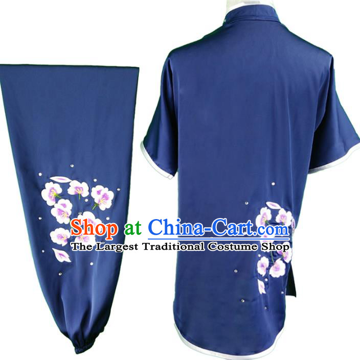 Chinese Chang Boxing Competition Garment Costumes Martial Arts Wushu Embroidered Plum Navy Silk Outfits Kungfu Clothing